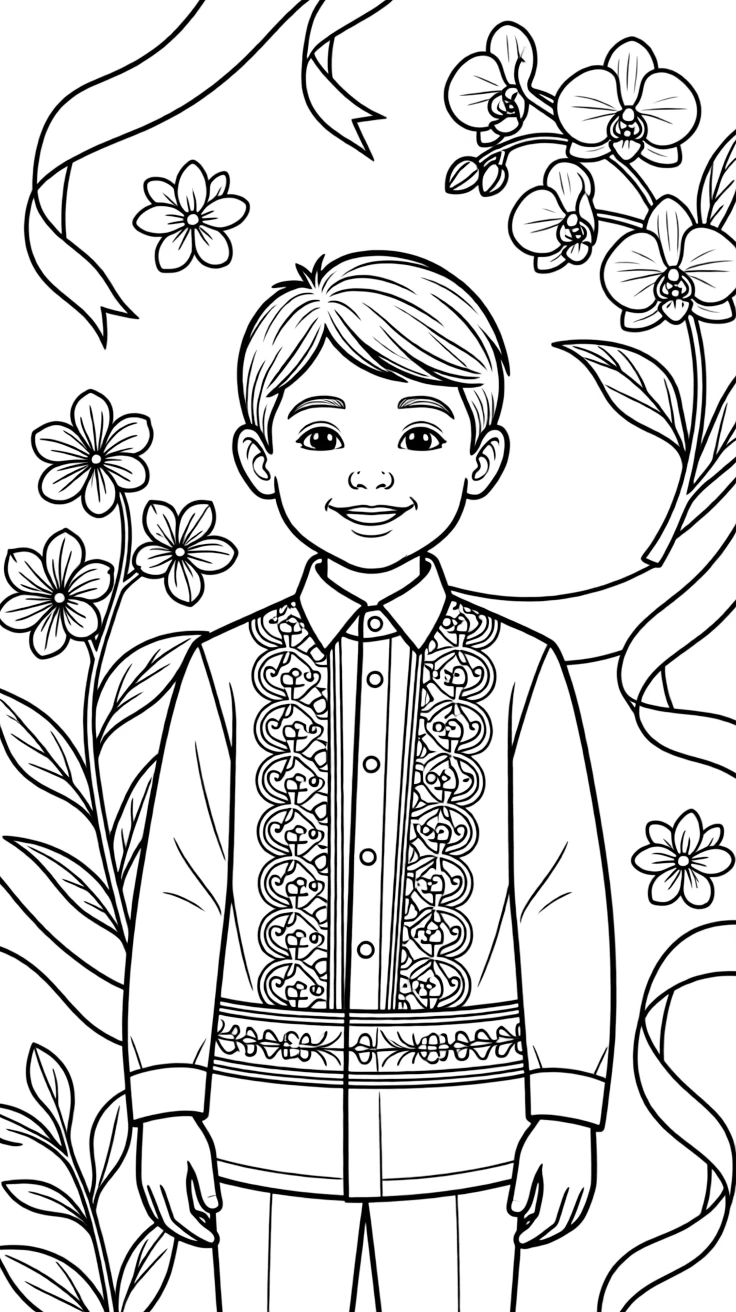 A coloring page from Philippines showing a child wearing a barong tagalog shirt or a flowing terno dress, posed for a festival photo with flowers and ribbons decorating the background.