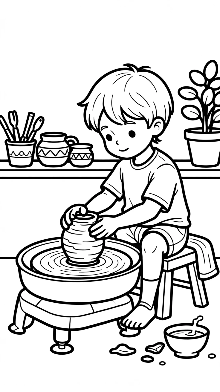 a shy small child molds a lump of clay into a wobbly pot on a spinning pottery wheel.