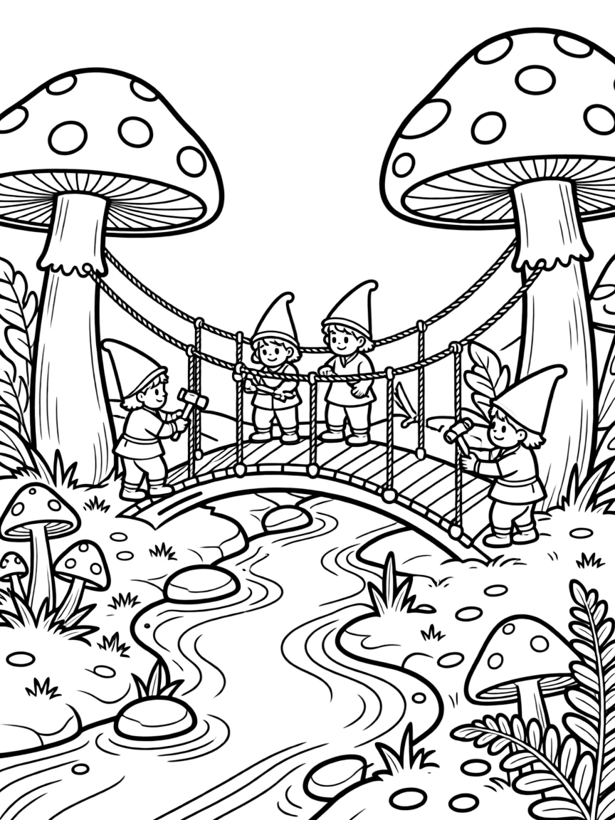 A group of gnomes construct a bridge from mushrooms and twine across a babbling brook, working together with tiny tools.