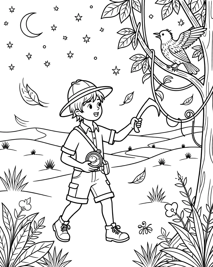 [Explorers] A dynamic scene shows a jungle explorer with a compass hacking through thick jungle vines across a vast desert, gasping in amazement. Close by, exotic birds call from nearby trees. A trusty compass points the way forward. The moment unfolds under a starry night sky, with autumn leaves swirling in the wind, filled with energetic detail perfect for a young colorist.