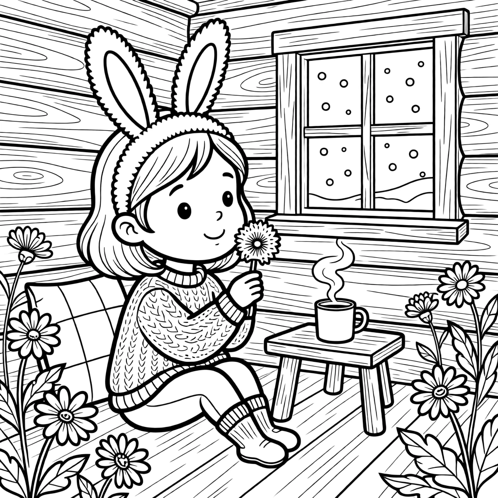 A girl wearing bunny ears for a spring festival is making a wish while blowing on a dandelion inside a cozy log cabin during a gentle snowstorm. Scattered nearby, a curling wisp of steam from a warm mug and wildflowers swaying gently in the wind add a sprinkle of wonder to the moment.