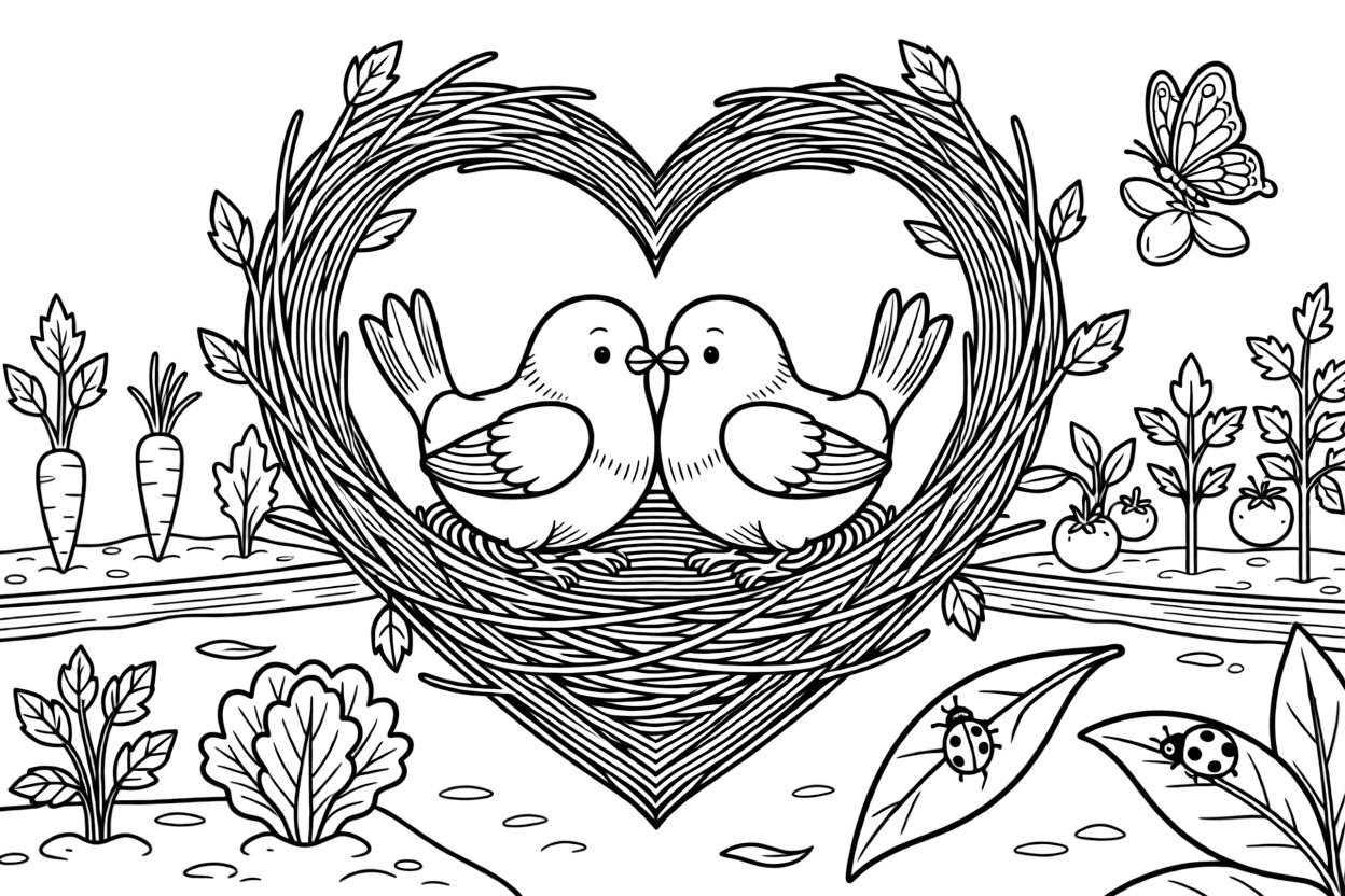 A close-up of a pair of lovebirds sharing a heart-shaped nest in a sunny backyard with a freshly planted vegetable patch, surrounded by a butterfly resting on a petal and a ladybug crawling on a leaf.