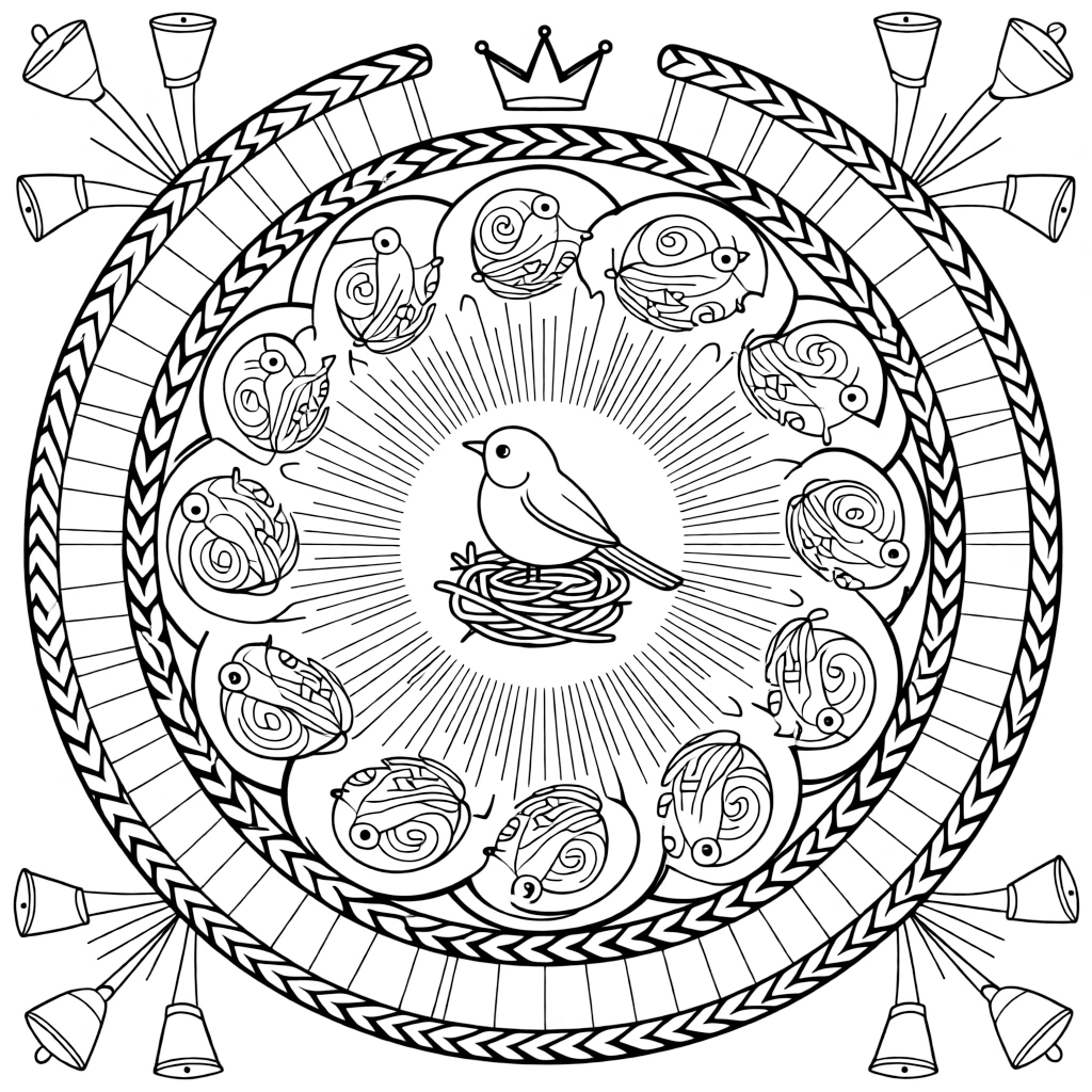Birds: The design turns a robin resting on a small twig nest into a kaleidoscope-style composition anchored by a shell-spiral mandala coiling outward in smooth turns. The imagery is multiplied into a circular burst of matching pieces that rotate evenly around the page's center point. Decorative details fill the surrounding space, including bands of braided rope shapes, rays fanning out like a small sunburst, and clusters of tiny bells woven throughout the background. A playful extra touch completes the page: a small crown resting just above the center of the design.