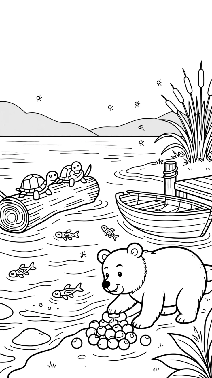 [Lakeside] A friendly bear wades into the shallows of a mountain lake, scooping up berries from the shore. Turtles bask on a half-submerged log while minnows dart through the shallows. A small wooden rowboat rests beside the dock, tied to a post near a cluster of cattails. Soft evening light settles over the water as fireflies begin to twinkle along the shore.