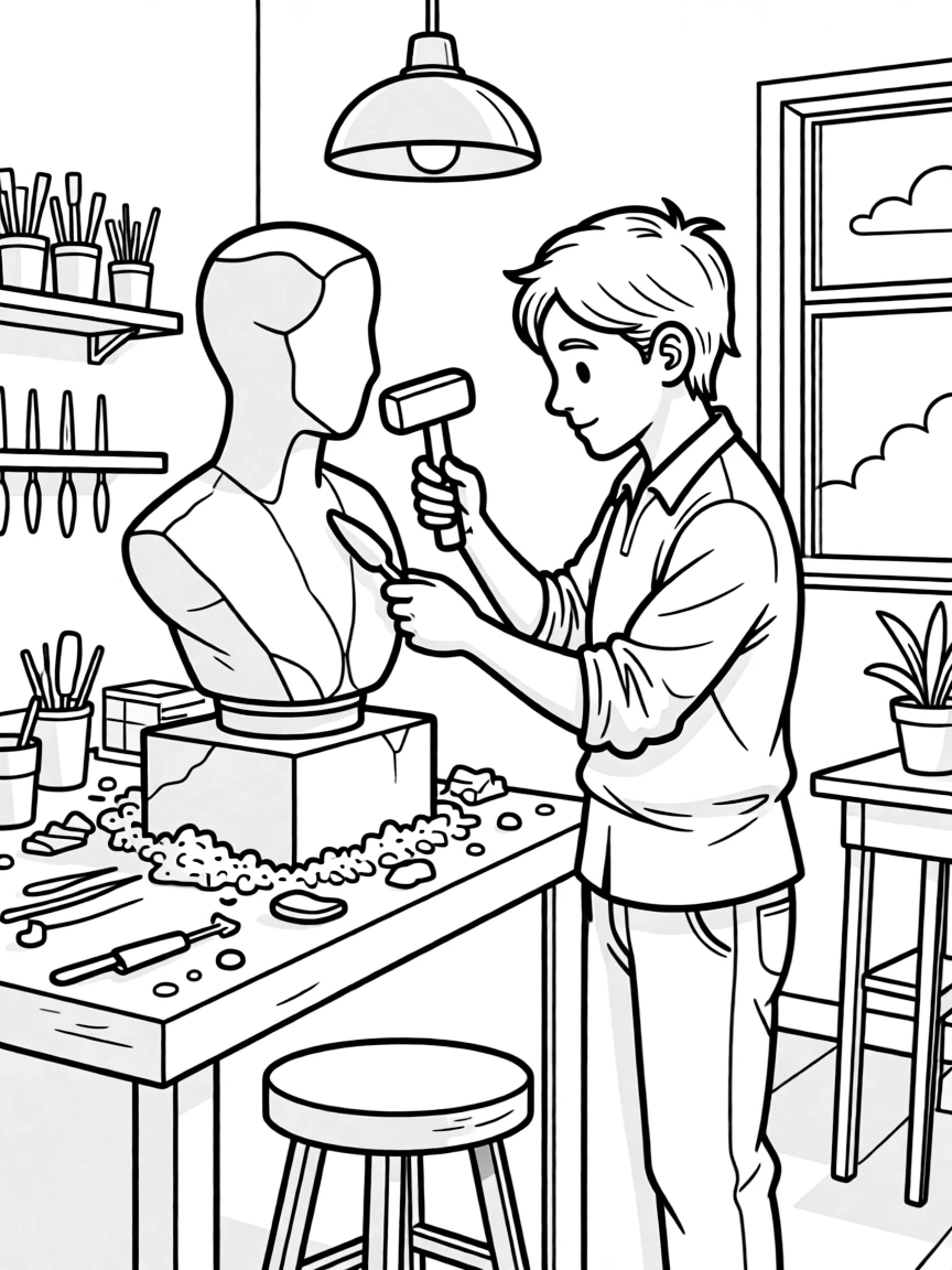 A sculptor carves a marble statue with a mallet and chisel in a dusty workshop.