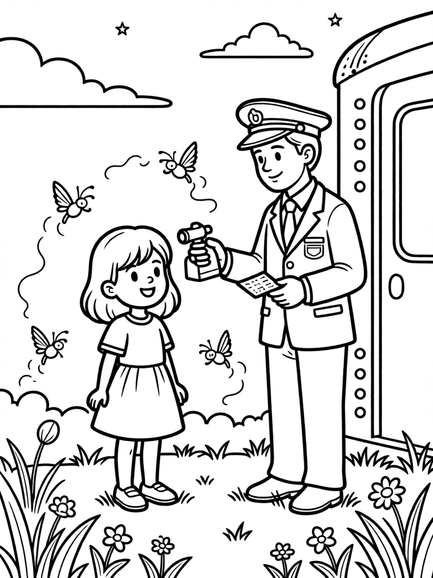 A little girl getting a ticket punched by a train conductor with fireflies glowing at dusk.