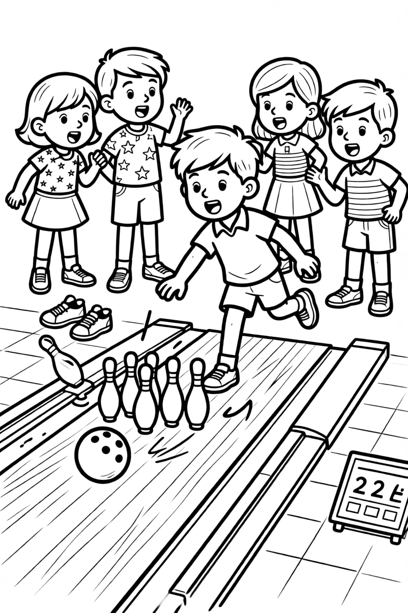 A team of neighborhood kids, watching the pins scatter dramatically after a powerful roll down the lane.