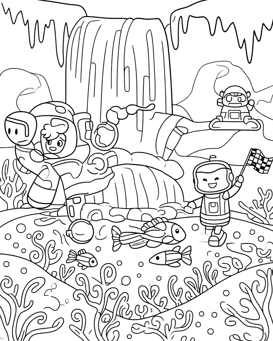 Young pilot Quill riding inside the friendly giant mech Thunderbot guiding a school of glowing space fish through a coral tunnel, in a frozen waterfall planet with rainbow-colored ice, with a friendly robot waving a checkered flag and a small robot sidekick cheering nearby.