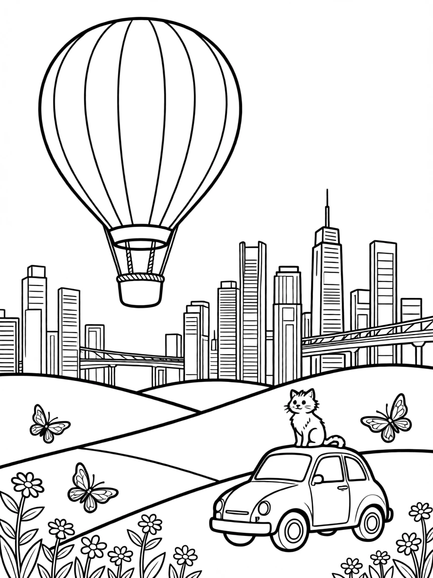 The scene captures a striped hot air balloon rising above rolling hills in the middle of a gleaming futuristic city skyline with towers and skywalks, with a curious cat perched on the hood nearby and butterflies fluttering near a patch of wildflowers sprinkled around for extra fun.