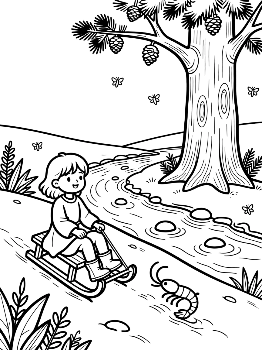 A gentle forest spirit sledding down a snowy hill with a shrimp beside a bubbling brook, near a giant redwood tree, with fireflies twinkling nearby.