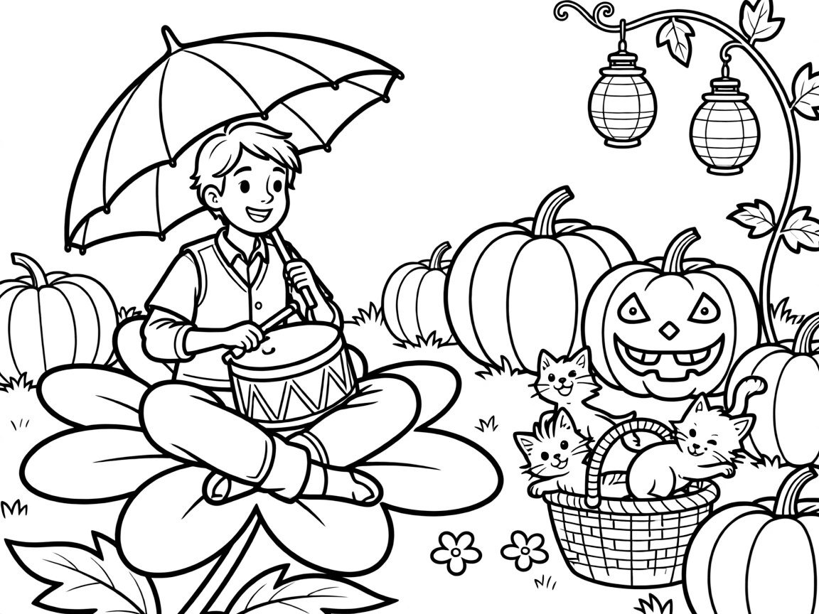 An adventurous bat umbrella maker takes a break from adventures to try playing a drum solo on giant flower petals in a pumpkin patch glowing with lanterns, with a basket of kittens tumbling over each other close behind. The whole scene bursts with joy and adventure.