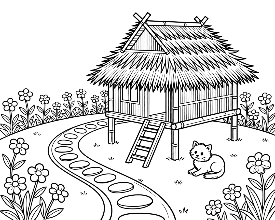 A coloring page of a charming home scene in Philippines showing a bamboo house on stilts (bahay kubo) with a thatched roof, with a garden path, a small pet, and flowers growing along the walls.