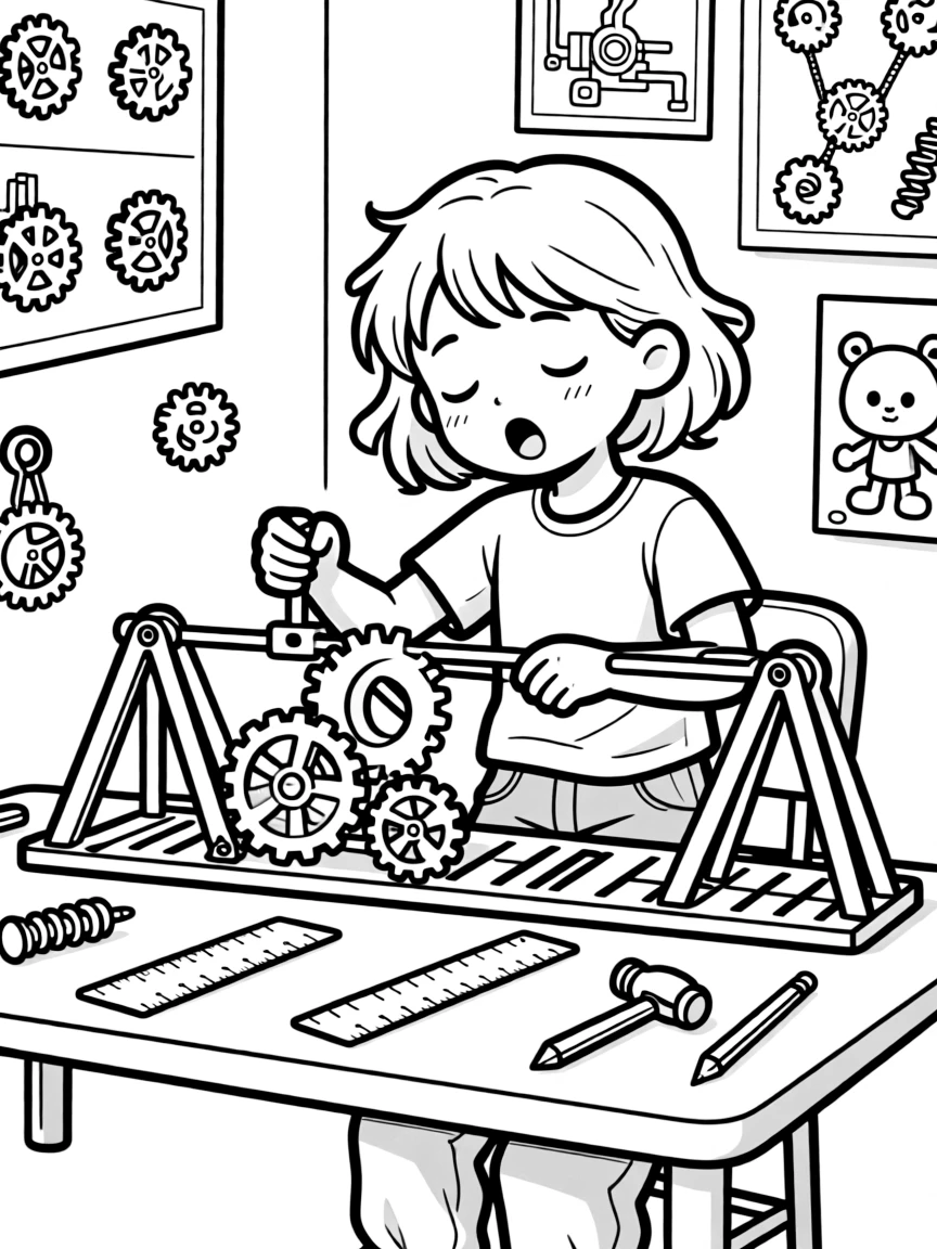a sleepy young girl builds a bridge out of gears and levers for a simple machines project.