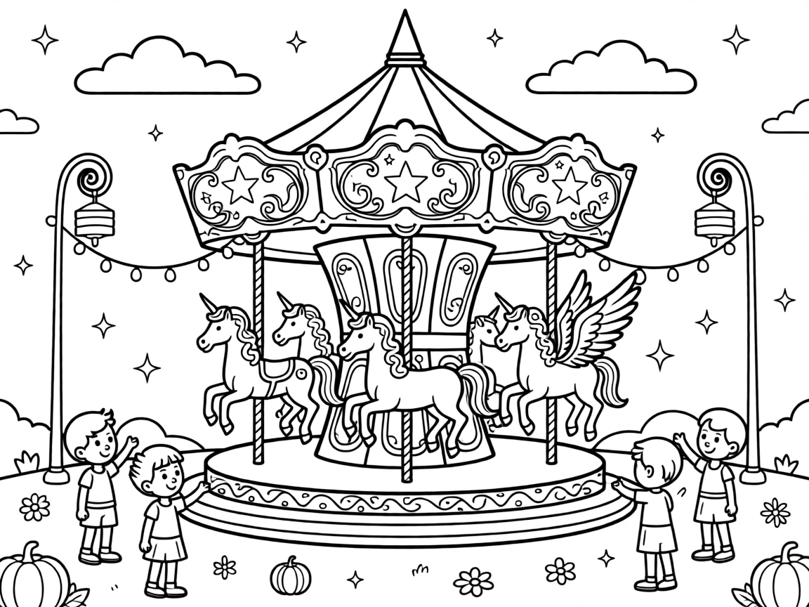 A magical carousel in an enchanted fairground features real, gently glowing unicorns and pegasi instead of carved wooden horses.