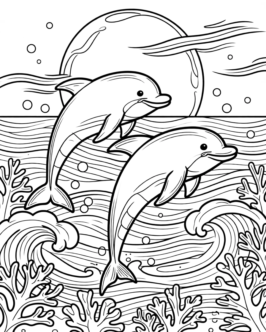 [Sea Creatures] a playful pod of dolphins leaping through ocean waves in a vibrant coral reef. In the background, bubbles rise gently toward the surface, adding extra fun to explore. Coral formations add interesting shapes nearby. It all happens under a full moon, with a light breeze blowing.