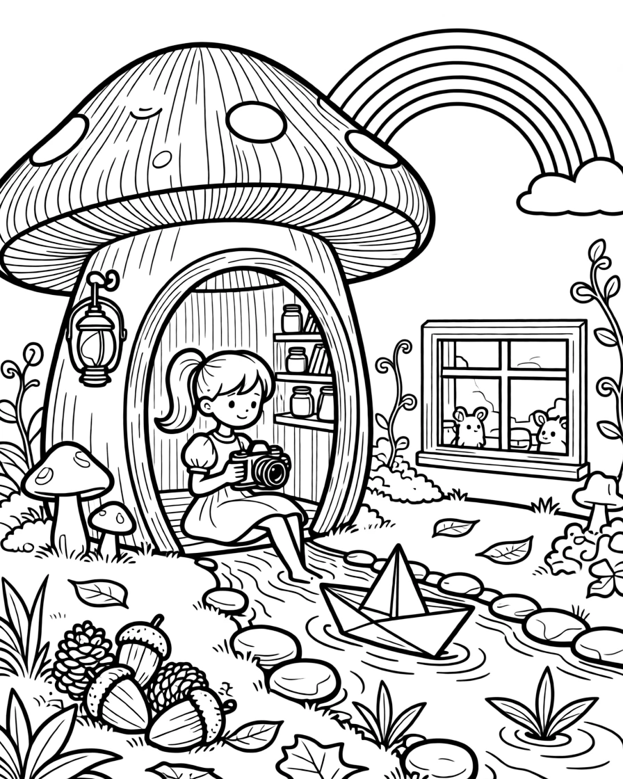 A girl photographer with an old-fashioned camera is sailing a folded paper boat down a gentle stream inside a gnome's cozy mushroom-shaped cottage. Just beyond, a cluster of acorns and pinecones scattered about and a soft rainbow arching overhead add to the delightful moment.