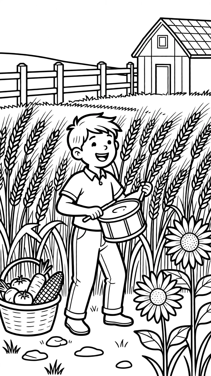 A close-up of a drummer leading a joyful harvest procession in a golden wheat field at the edge of a small farm, surrounded by a basket brimming with fresh vegetables and sunflowers nodding at the field's edge.