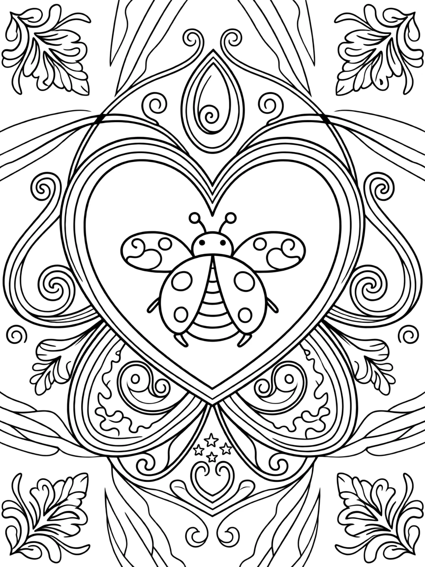 Insects & Bugs: The main subject is a ladybug with rounded spotted wings, drawn as the focal point of a heart-shaped mandala framed by soft curling loops. It is set at the core of the page, with the pattern unfolding outward in eight matching symmetrical segments. Decorative details fill the surrounding space, including curling paisley teardrops, curling fern-frond shapes, and ribbons folded into gentle zigzags woven throughout the background. A playful extra touch completes the page: a small cluster of shooting stars tucked into one corner.