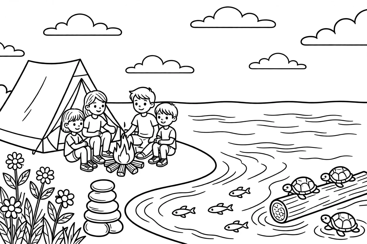 [Lakeside] A family camps beside a lake, their little tent pitched near a crackling campfire. Turtles bask on a half-submerged log while minnows dart through the shallows. Smooth stones are stacked in a little tower near the water's edge, beside a patch of wildflowers. A gentle breeze ripples the surface under a sky scattered with fluffy clouds.