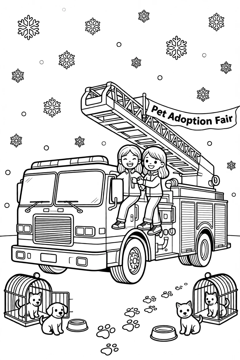 Twin sisters climbing on a fire truck at a pet adoption fair while snowflakes fall softly.