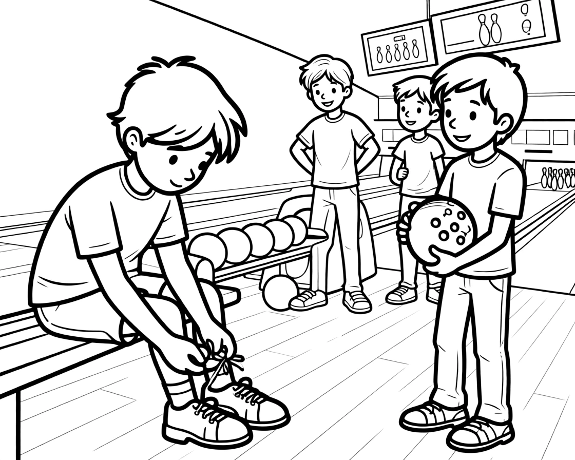 A shy new student, lacing up rented bowling shoes while friends wait for their turn.