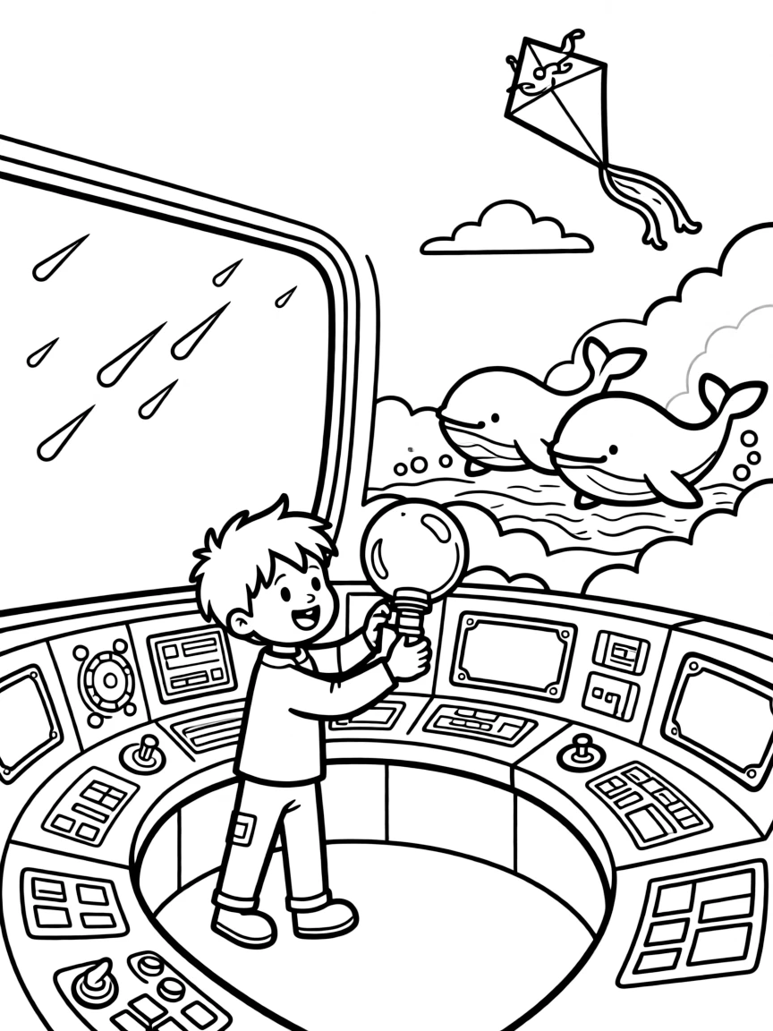 Inventor kid Quill testing a bubble-shield generator helping villagers evacuate before a gentle meteor shower light show, in a spaceship's bright control room full of blinking buttons and screens, with a kite shaped like a friendly dragon flying overhead and a family of gentle space whales swimming through the clouds nearby.