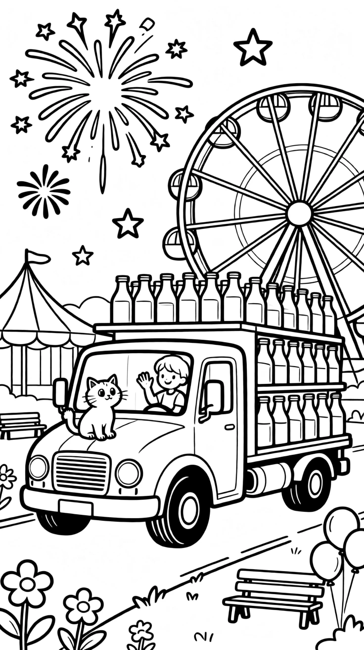 A big, friendly a milk delivery truck stacked with glass bottles rolls through a colorful amusement park with a Ferris wheel in the background, with a curious cat perched on the hood enjoying the ride and fireworks bursting in the sky in the background adding a playful touch.
