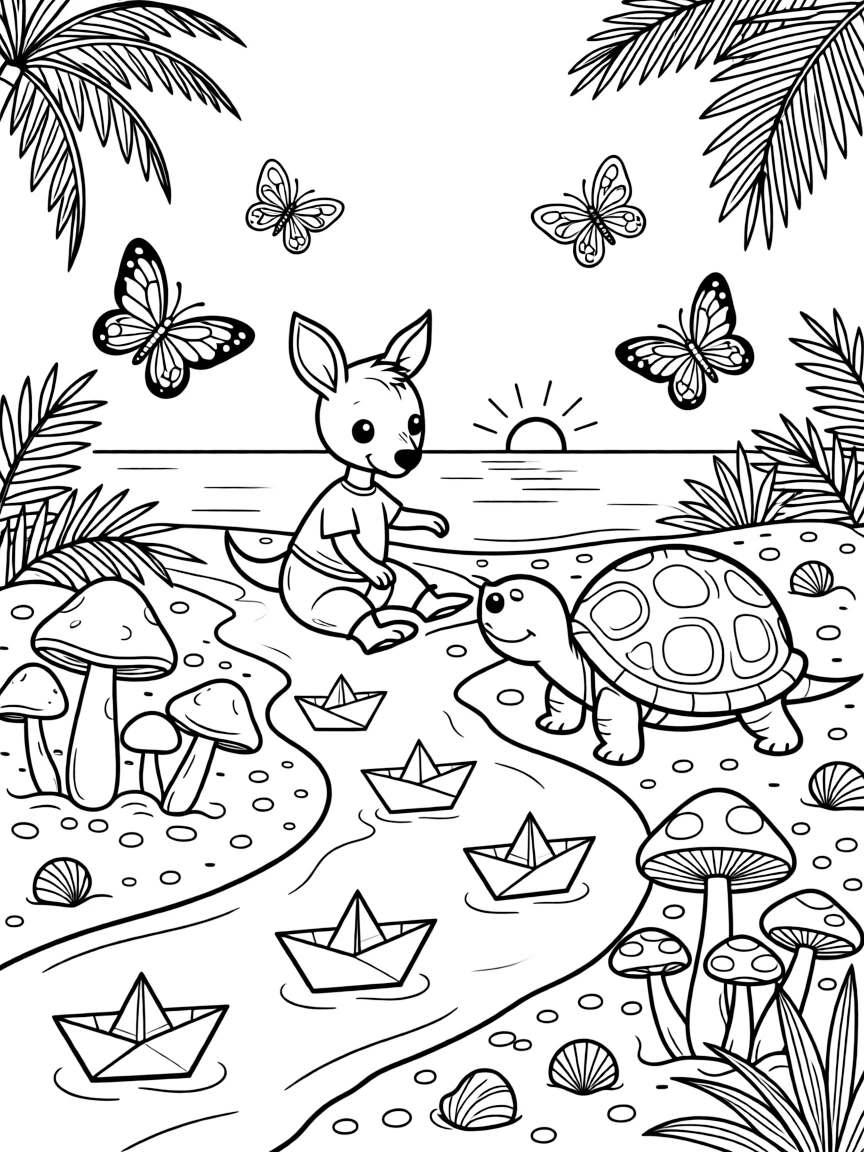 A kangaroo joey floating paper boats down a stream with a tortoise on a tropical beach at sunset, near a cluster of colorful mushrooms, surrounded by fluttering butterflies.