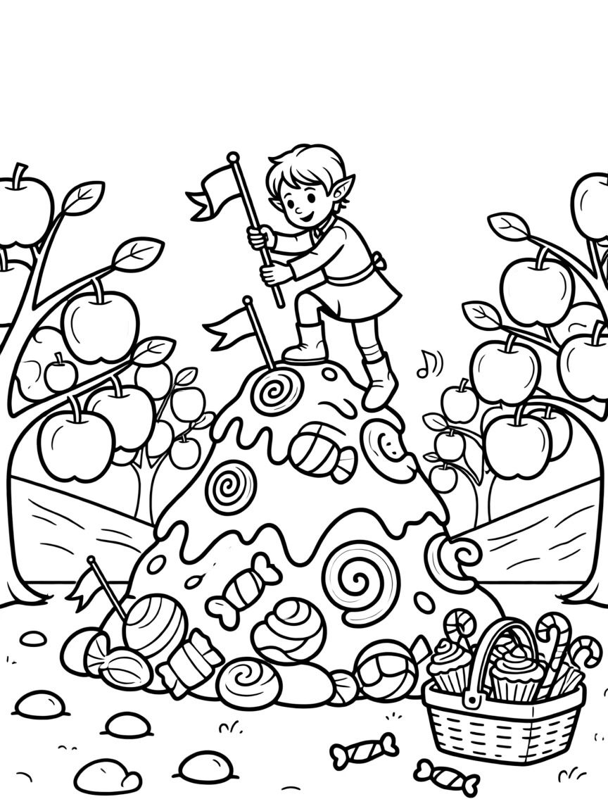 A clumsy icicle elf takes a break from adventures to try planting flags on top of a candy mountain summit in an orchard heavy with giant candy apples, with a picnic basket overflowing with treats close behind. Giggles echo happily through the whole valley.