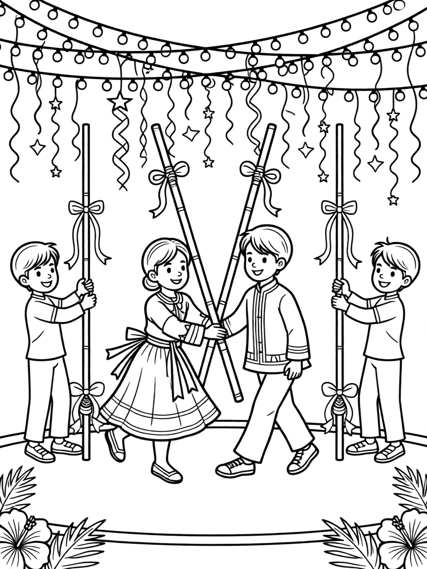 A coloring page of a lively performance in Philippines featuring dancers stepping between clacking bamboo poles in the tinikling dance, decorated with ribbons, streamers, and twinkling string lights overhead.