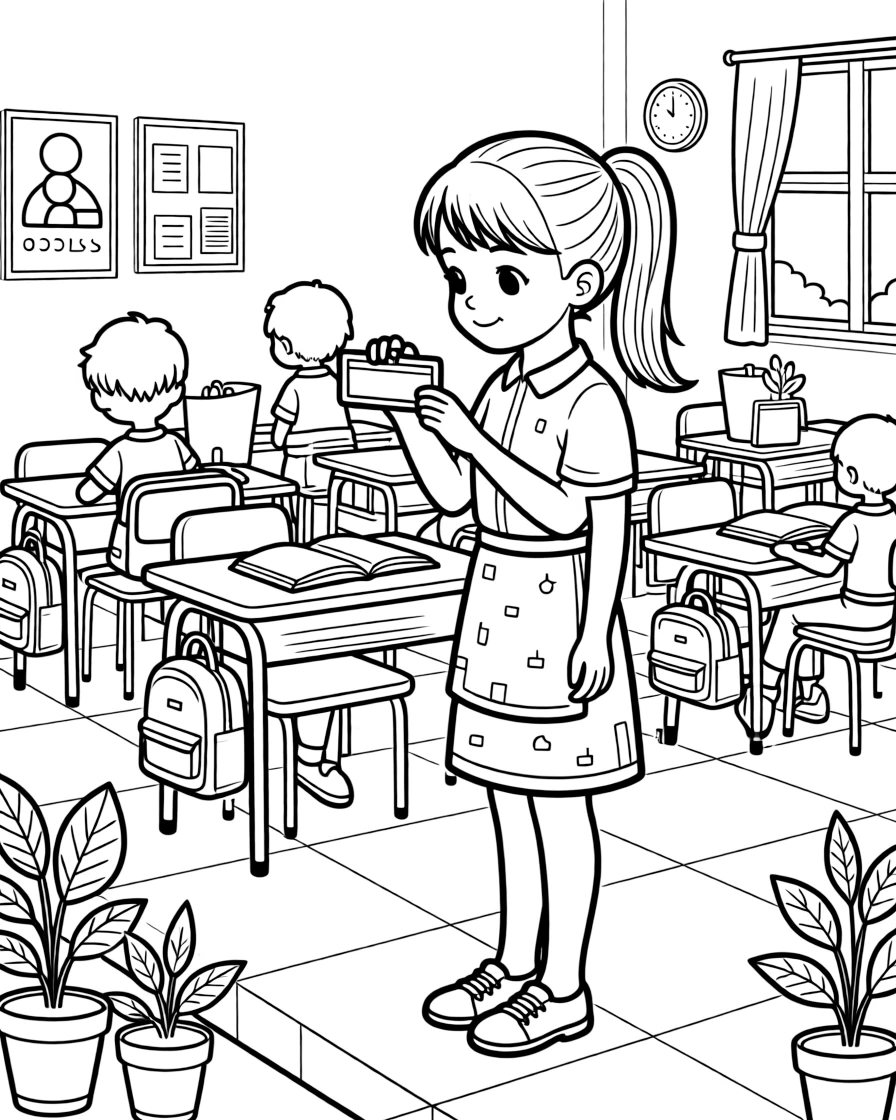 a thoughtful young girl reads a name tag and finds a seat on the very first day of school.