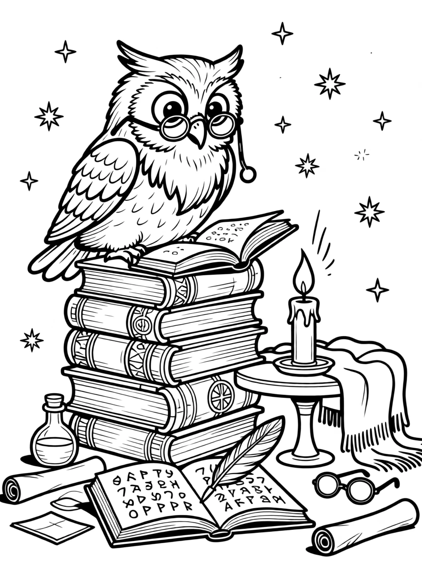 A wise old wizard owl perches atop a stack of ancient books, spectacles sliding down his beak as he reads by candlelight.