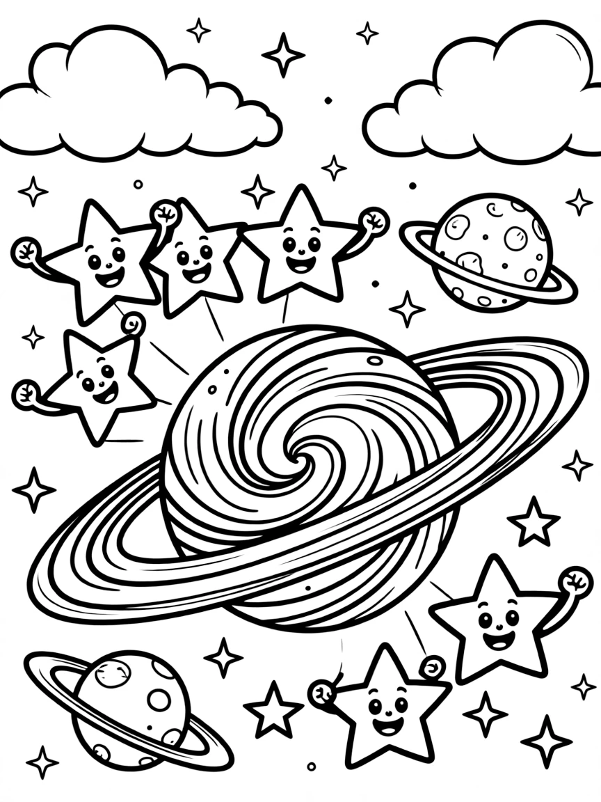 [Outer Space] A dynamic scene shows a cluster of twinkling stars spinning slowly in orbit near a swirling galaxy, cheering with both fists raised. Close by, a moon glows softly nearby. Craters and rings add fun texture. The moment unfolds during a bright summer day, with fluffy clouds drifting overhead, filled with energetic detail perfect for a young colorist.
