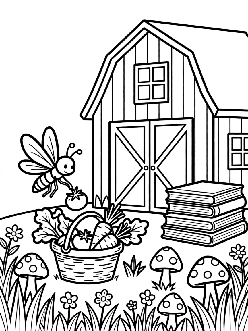 A glowing firefly is harvesting fresh vegetables into a garden basket on a farm beside a big red barn. Close by, a stack of well-loved picture books nearby and tiny mushrooms with spotted caps peeking through the grass add to the delightful moment.