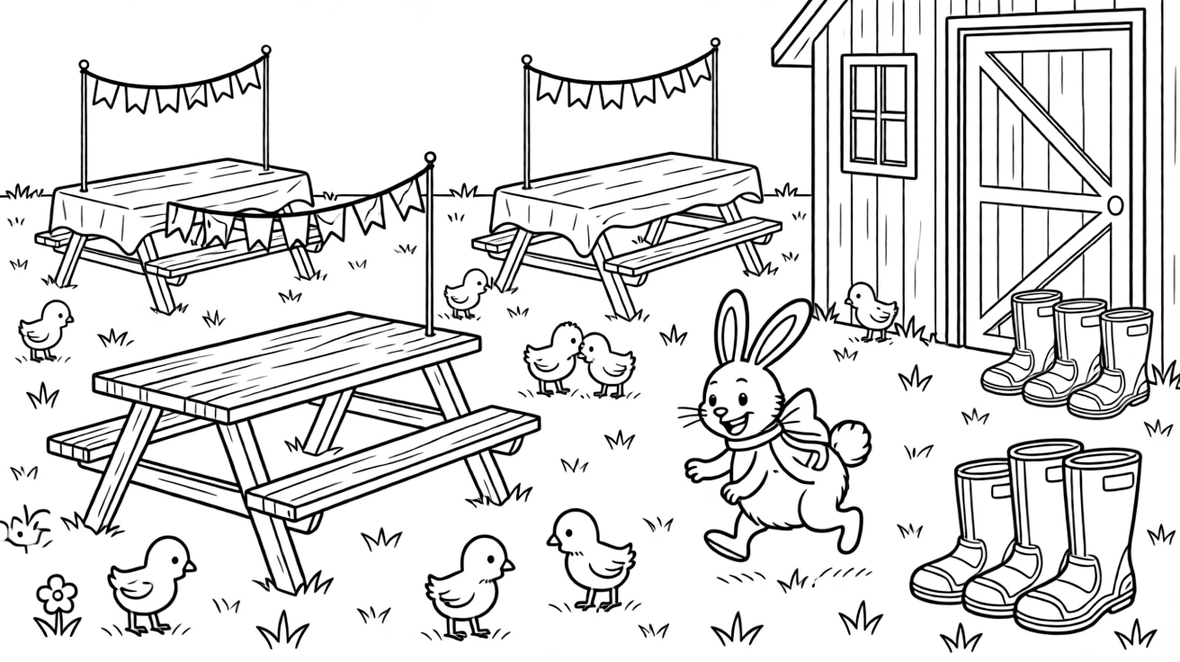 A park filled with picnic tables and flags on a farm with newly hatched chicks in the grass, with a hopping bunny with a bow and a row of rain boots by the door nearby.