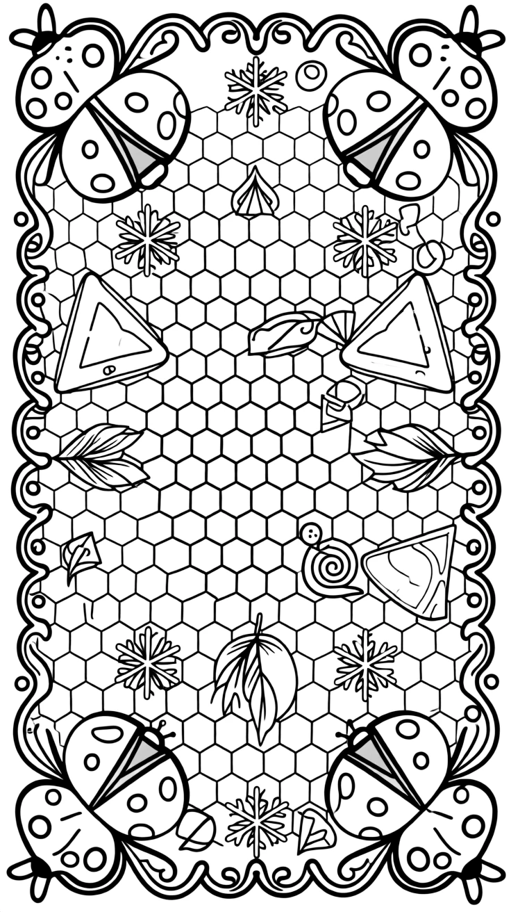Insects & Bugs: The page centers on a repeating motif of a ladybug with rounded spotted wings, built around a honeycomb mandala tiled from small hexagon cells. The motif is placed at each of the four corners in matching pairs, connected by a looping border pattern around the edge. Decorative details fill the surrounding space, including nested triangle shapes, fanned feather plumes, and six-point snowflake shapes woven throughout the background. A playful extra touch completes the page: a little snail resting quietly on one of the larger shapes.
