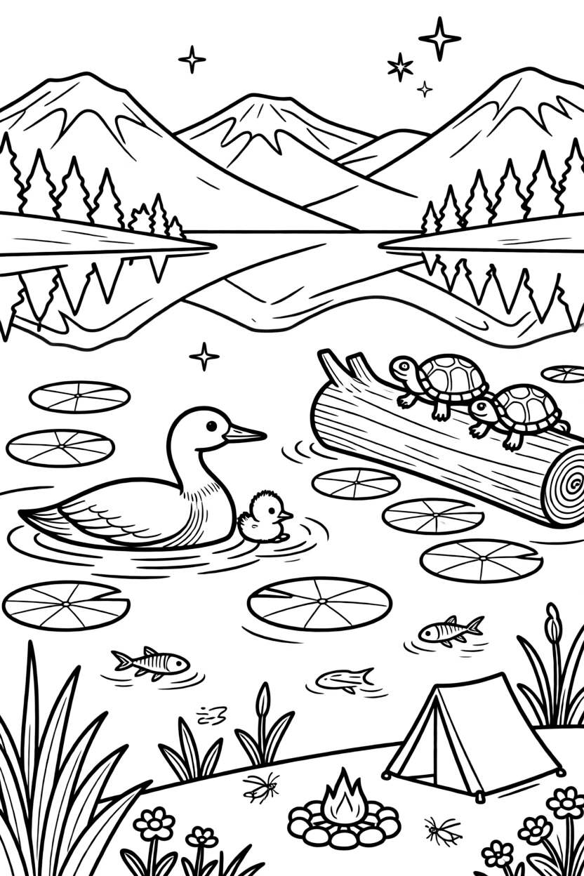 [Lakeside] A loon and her chick float peacefully near a patch of lily pads on a quiet lake. Turtles bask on a half-submerged log while minnows dart through the shallows. Mountains rise beyond the far shore, their peaks mirrored perfectly in the calm lake. Stars begin to reflect on the water as crickets chirp softly around the campsite.