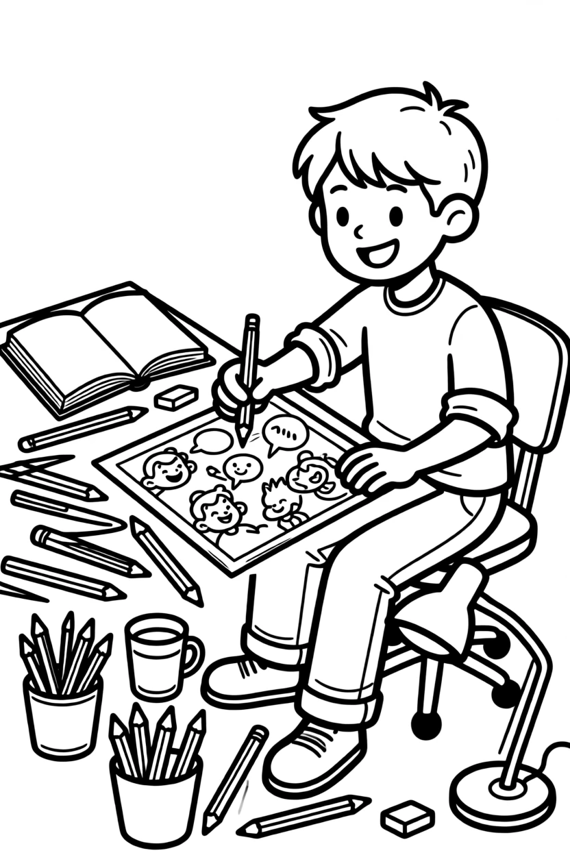 A cartoonist draws a funny comic strip at a desk covered in colored pencils.