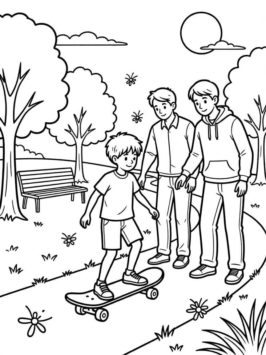 A little brother learning to skateboard with two dads at the local park with fireflies glowing at dusk.