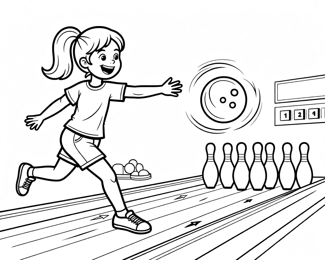 An energetic girl with a big smile, bowling a curveball that spins gracefully into the pins for a spare.