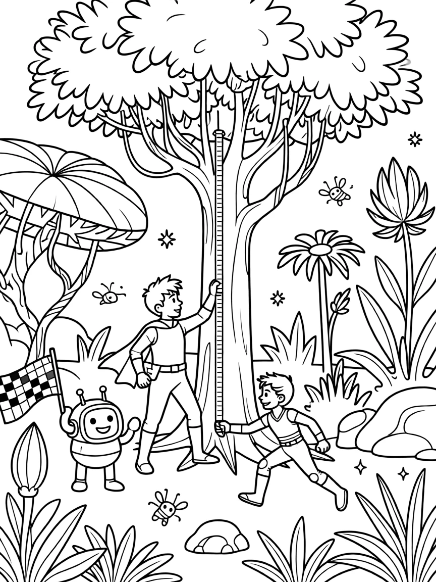 In a lush alien jungle planet with oversized glowing plants, twin superhero siblings Kepler (plant-controlling) and Vega (super-fast) measuring the height of a giant crystal tree for a science project, while a friendly robot waving a checkered flag adds to the excitement.