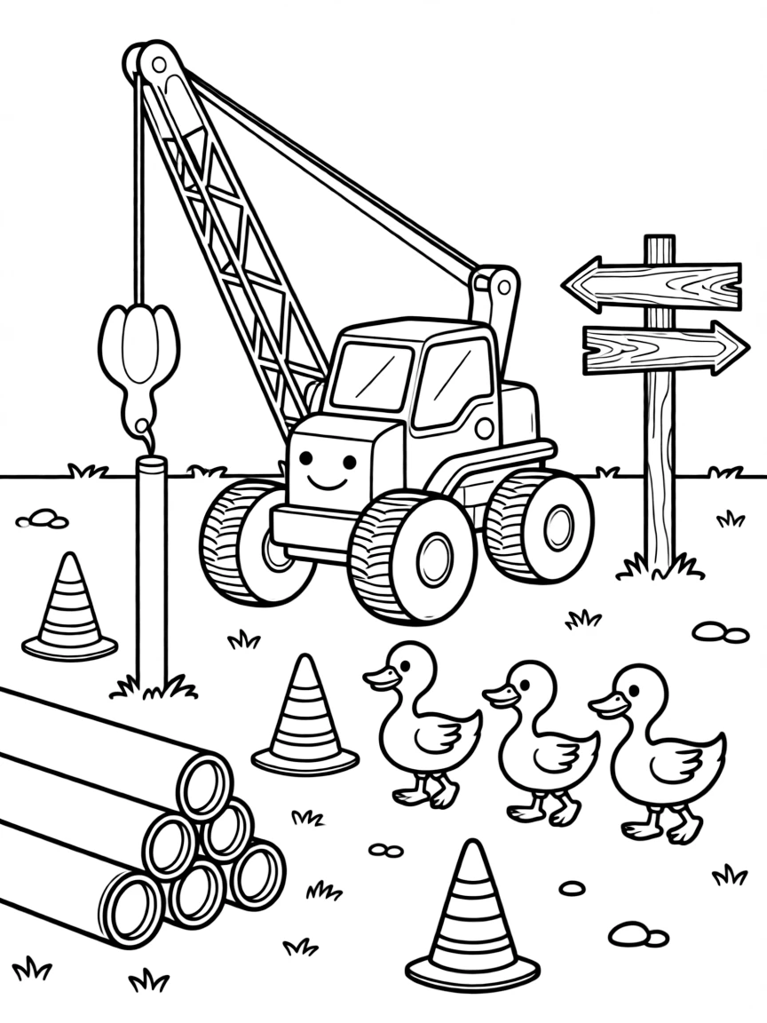 A big, friendly a pile driver hammering a post into the ground rolls through a construction site surrounded by orange cones and stacked pipes, with a family of ducks waddling alongside enjoying the ride and an old wooden signpost pointing to faraway towns adding a playful touch.