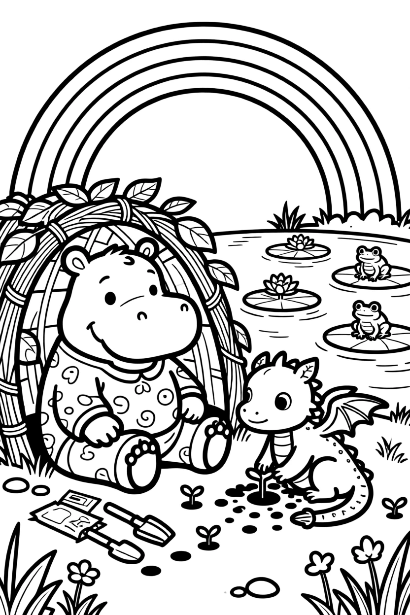 A hippo in a cozy burrow, planting seeds together with a baby dragon, next to a lily pad pond, while a rainbow arches overhead.