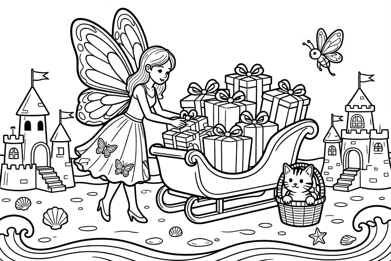 At the beach among sandcastles and seashell forts, a fearless butterfly fairy queen is busy delivering presents from an overflowing sleigh, cheered on by a tiny firefly friend lighting the way and a curious kitten peeking out from a basket. It's a perfectly wonderful, magical moment.