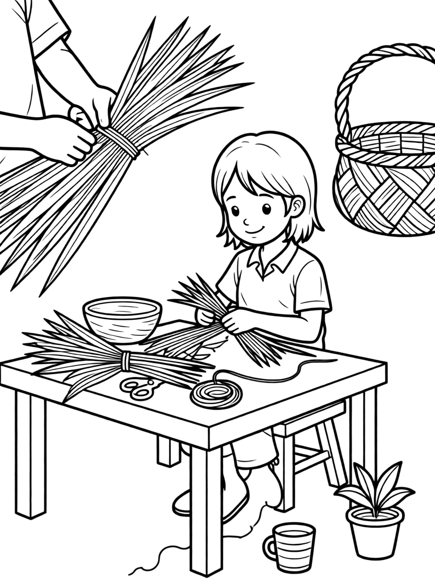 A coloring page of a child weaving a small basket from dried palm leaves in Philippines, shown step by step with helpful hands and a workshop table full of materials.