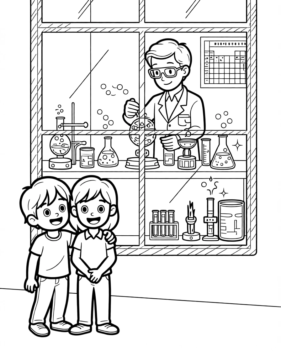 a giggling pair of best friends watches a chemist mix bubbling potions behind a lab display window.