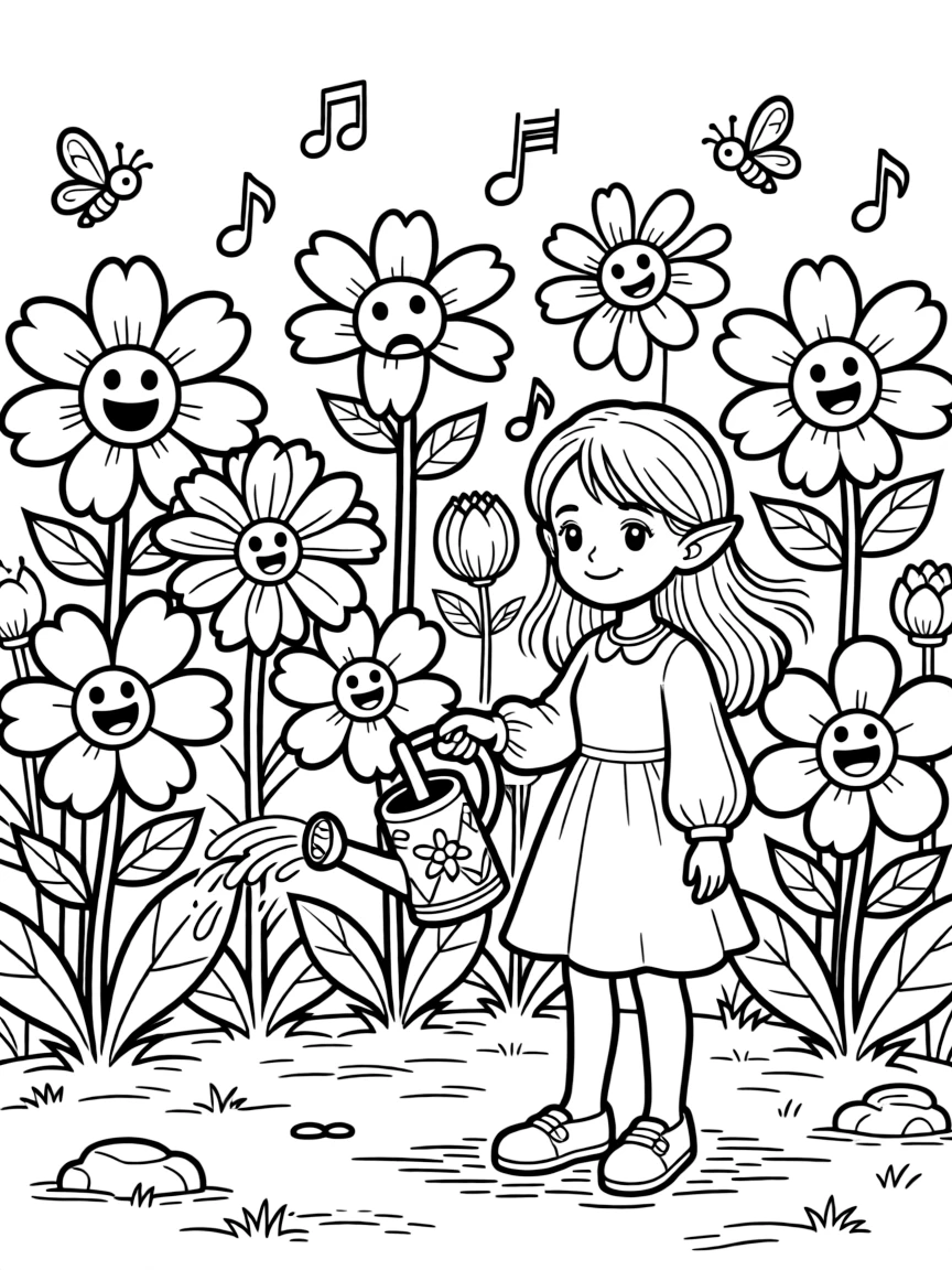 A young elf girl waters a garden of singing flowers, each bloom humming a different note as she moves down the row.