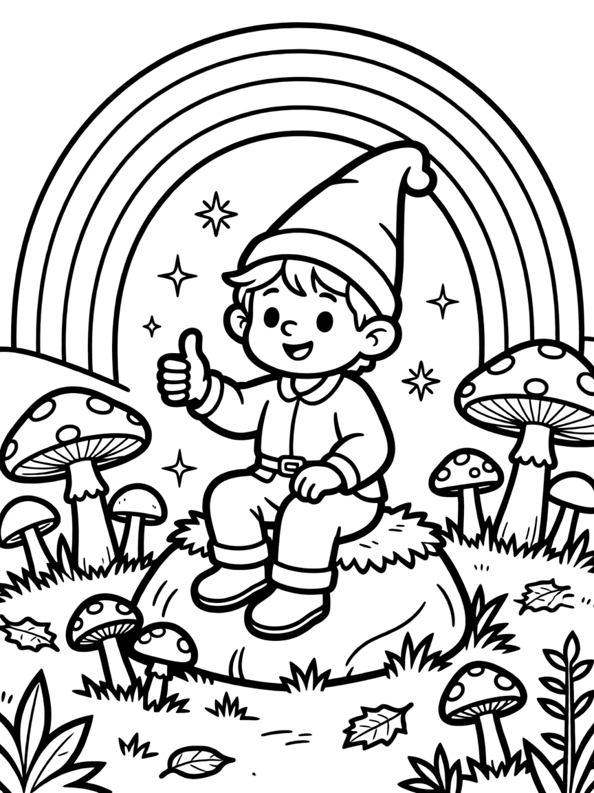 [Fantasy Creatures] A dynamic scene shows a mischievous forest gnome perched atop a mossy stone in an enchanted forest, giving a confident thumbs-up. Close by, mushrooms of every size dot the ground. Soft magical sparkles surround the scene. The moment unfolds on a crisp autumn afternoon, with a rainbow arching overhead, filled with energetic detail perfect for a young colorist.