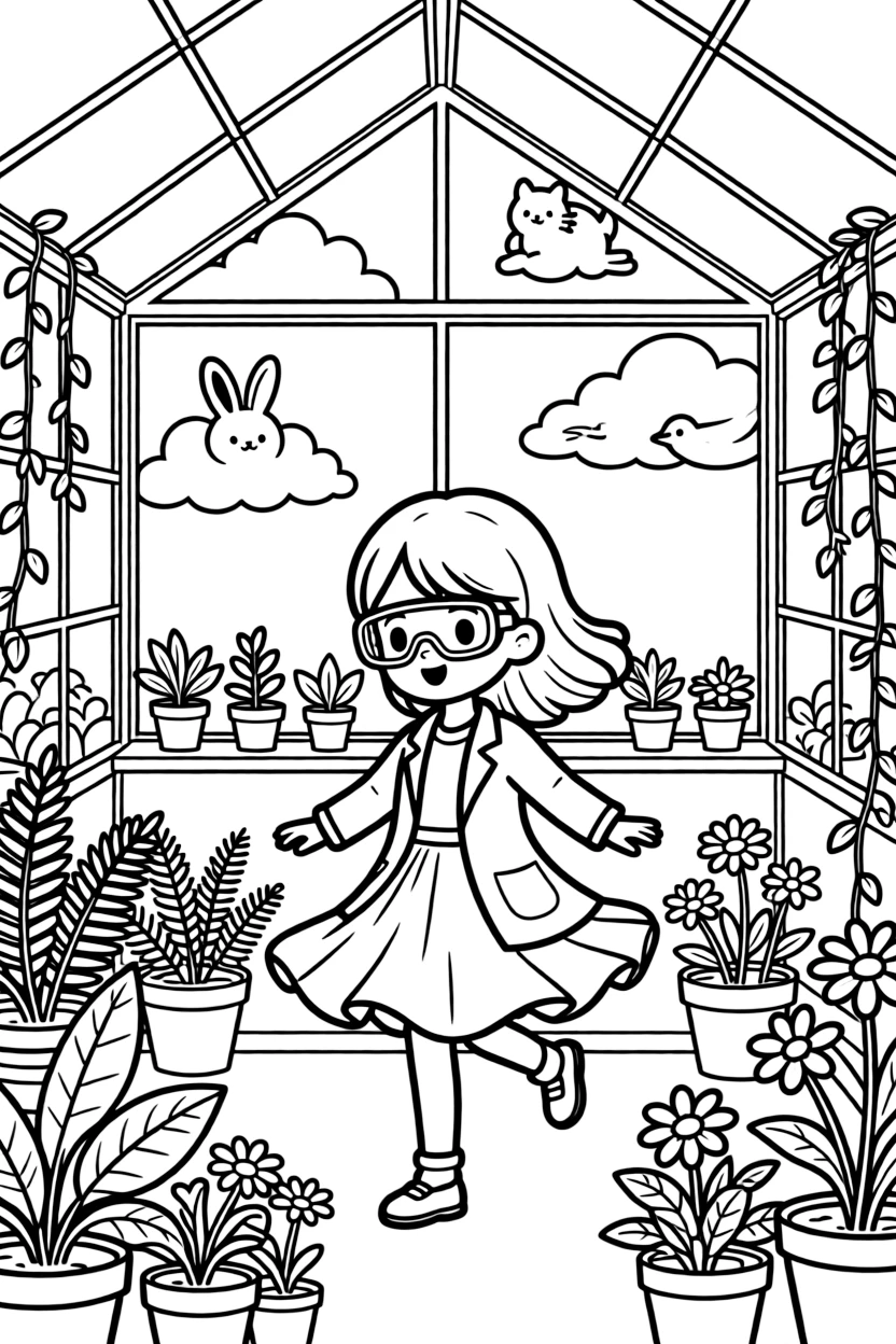A girl scientist in a lab coat and safety goggles is twirling happily in a spinning dress inside a greenhouse overflowing with blooming plants. Nearby, a row of potted plants along a windowsill and fluffy clouds shaped like little animals complete the joyful scene.