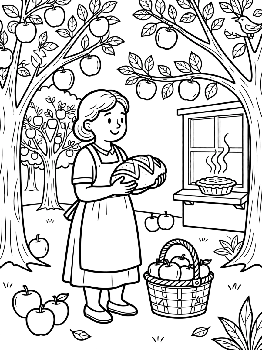 A cheerful grandmother admiring a round loaf of sweet braided bread in an orchard filled with ripe apples ready for picking, near a warm apple pie cooling on a windowsill and a basket of freshly picked apples.